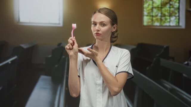 Woman caucasian blonde in white uniform holds pink toothbrush and points to chest in building; dental hygiene confident instruction.