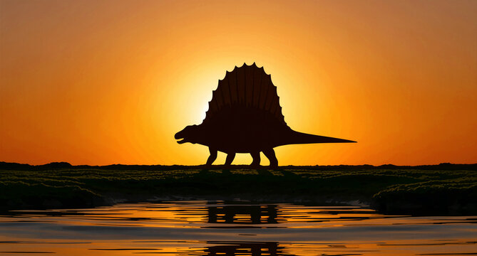 A magnificent dimetrodon, a distinctive sail-backed prehistoric creature, dramatically stands in silhouette against a breathtaking, fiery orange sunset, its unique profile majestically reflected in