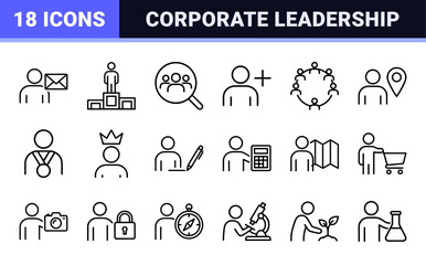 Fototapeta premium Corporate Management and Human Resources Minimalist Monoline Outline Set Featuring Leadership, Teamwork, and Workplace Productivity Symbols.