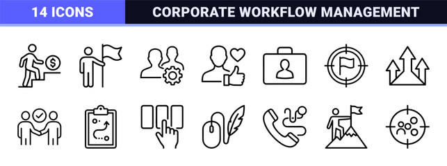 Fototapeta premium Business Action Plan and Strategy Execution Line Art. Minimalist monoline symbols for corporate workflow, goal setting, and management.