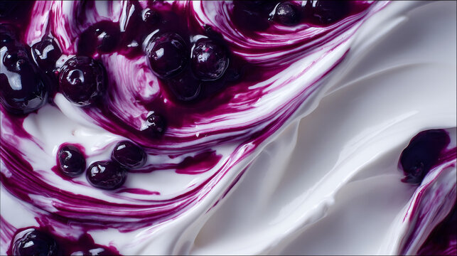 Close-up of creamy yogurt with blueberries and swirl patterns