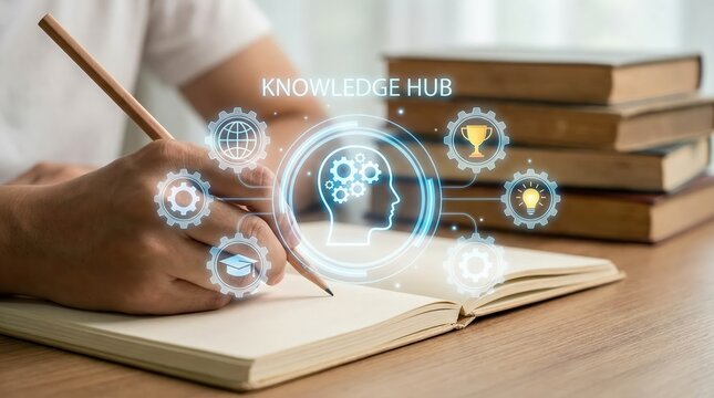 Person writing in notebook with digital knowledge hub overlay and stack of books learning education