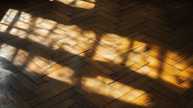 Herringbone parquet floor with sunlight shadow