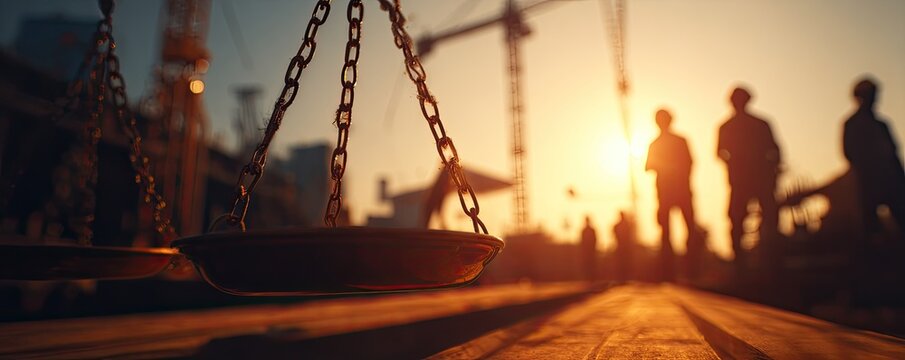 Scales of justice against a construction site at sunset