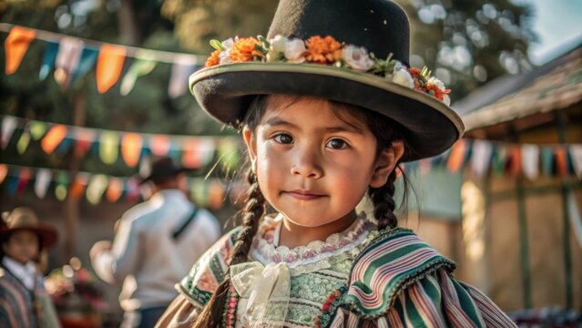 Young Bolivian Girl in Traditional Pollera and Bowler Hat