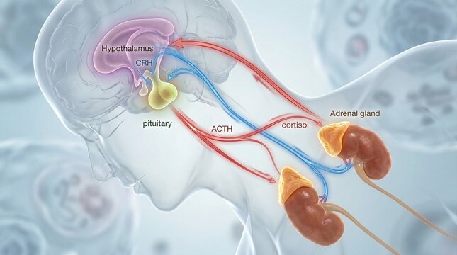 Medical 3D Illustration of the Hypothalamic Pituitary Adrenal HPA Axis Stress Response System showing Hormone Pathways