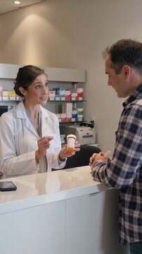 Pharmacist explaining medication to customer at pharmacy counter, vertical shot