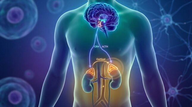 Medical Illustration of the HPA Axis Stress Response System Showing Brain, Adrenal Glands, and Hormone Pathways for Cortisol, ACTH, and CRH