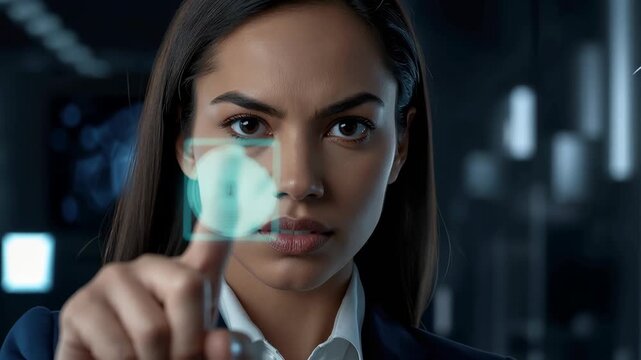 Young professional woman business interacting with holographic touchscreen interface and biometric