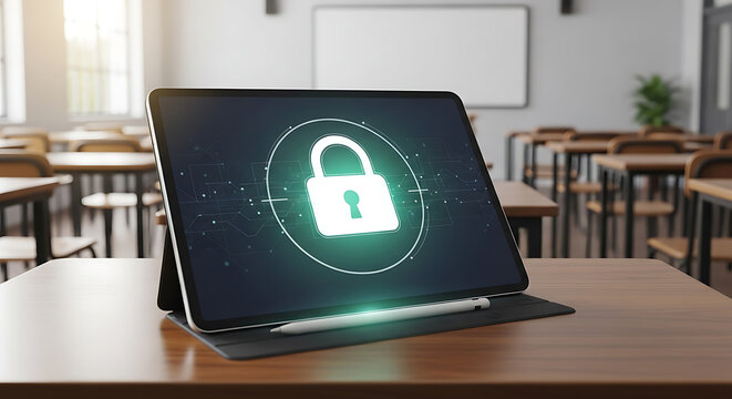 Digital tablet displaying golden padlock security icon resting on wooden classroom desk representing educational cyber safety, online data protection, and modern internet privacy protocols.