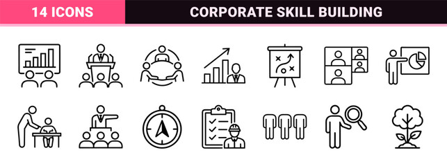 Naklejka premium Business Training and Leadership Development Line Art Set Featuring Professional Coaching, Corporate Strategy, and Workshop Management Symbols.