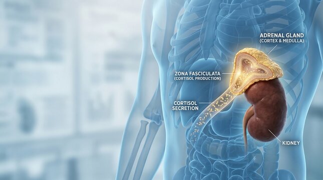 Medical Illustration of the Adrenal Gland Showing Cortisol Production and Secretion in the Endocrine System