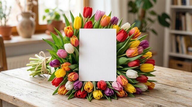 Vibrant Bouquet of Multicolored Spring Tulips on Wooden Table with Blank Greeting Card Mockup for Mother's Day or Celebration