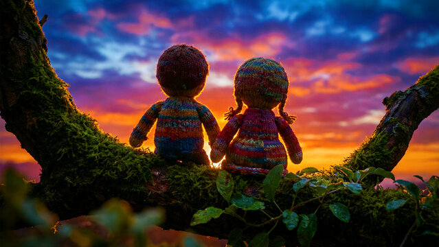 Two charming, vibrantly colored knitted dolls, a male and female figure, are lovingly positioned sitting together on a rugged, moss-covered tree branch, gently holding hands, symbolizing profound