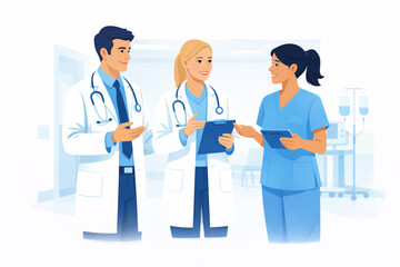Fototapeta premium A professional vector illustration of a medical team collaborating in a clinical setting. Two doctors in white coats and a nurse in blue scrubs are engaged in a discussion, with one doctor holding 