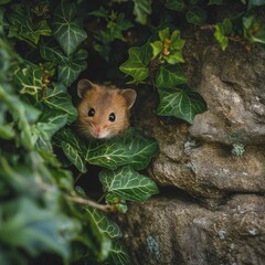 Naklejka premium Hamster Hiding Among Green Ivy Leaves