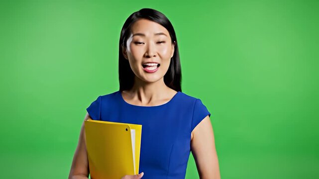 A professional woman in a blue dress holds a yellow folder against a green background, conveying a sense of business or education