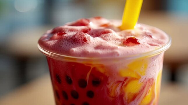 Bubble tea, boba and milk tea with refreshing summer drink featuring colorful layers, tapioca pearls and a yellow straw. Beverage, refreshment and iced drinks with vibrant fruity flavors, close-up