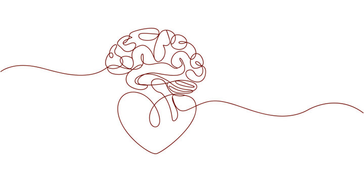 brain with love shape continuous one line drawing, One continuous line drawing of half human brain and love heart shape logo icon. Psychological split affection logotype symbol template concept.