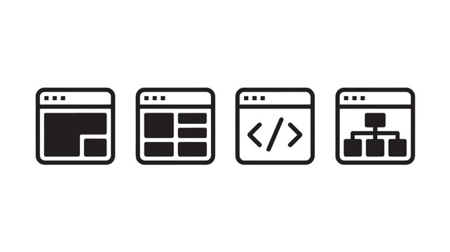 Web Design Icons Set Browser Window UI UX Coding Development Vector Minimal Black on Transparent Background