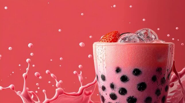 Bubble tea, strawberry and refreshment drink with vibrant splash effect showcasing a delicious beverage for summer, thirst quenching and fruity indulgence. Sweetness, flavor and enjoyment with iced