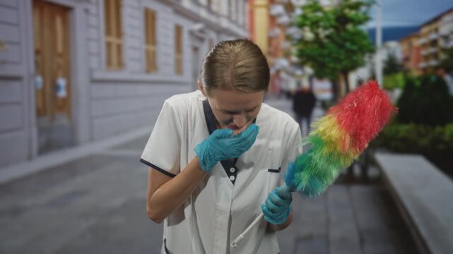 Cleaning woman in white uniform holding rainbow duster covers mouth with gloved hand on a busy street sidewalk beside bench and storefronts; discomfort duty.