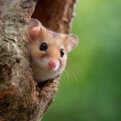 Naklejka premium Curious Hamster Peeking from Tree Hollow