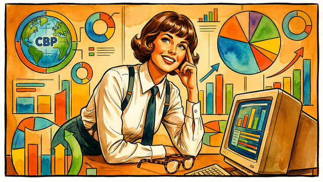 Retro illustrated professional woman thoughtfully reviewing complex global business metrics and colorful financial performance charts around her desk.