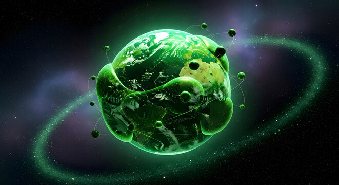 Glowing green planet, neon earth, space illustration, futuristic world