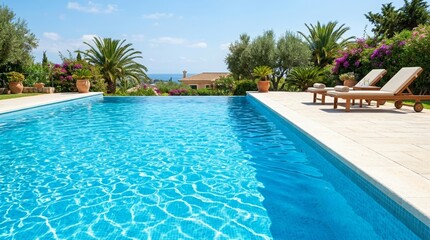 Obraz premium Luxury swimming pool with sun loungers and tropical garden view