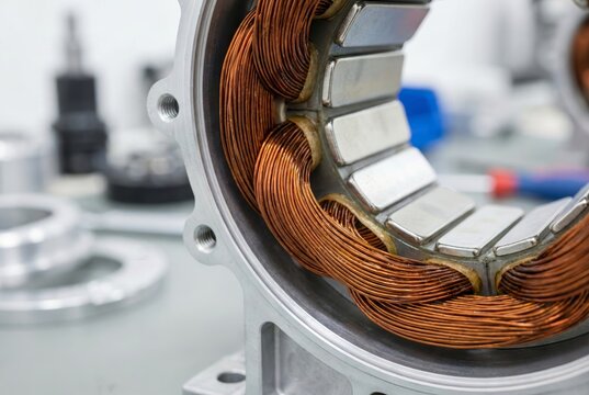 Macro photography of electric motor winding showing copper coils and silver magnets details