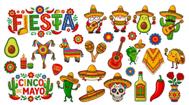 Vibrant Mexican Fiesta Cinco de Mayo Vector Set. Cartoon Icons, Sombreros, Tacos, Pinatas for Party Marketing.