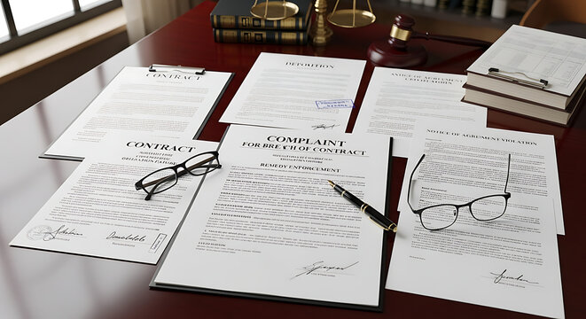 Legal documentation illustrating a formal breach of contract dispute regarding an agreement violation with required judicial remedy and law enforcement measures on a professional desk.