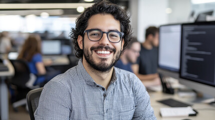 Obraz premium Smiling man in modern office setting, wearing glasses and checkered shirt, exuding confidence and positivity