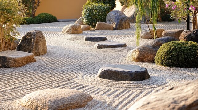Zen garden with raked gravel and boulders