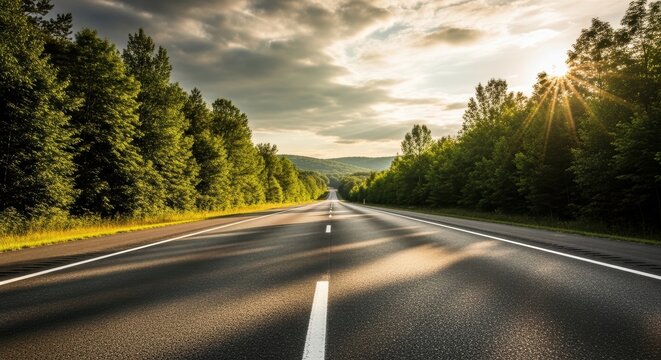 An empty two-lane highway stretches through dense trees and rolling hills under a cloudy sky with sunlight on the right.