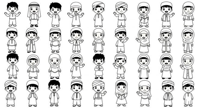 Collection of cartoon characters in traditional Arab attire.