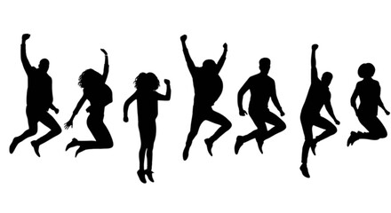 Seven people jumping in the air with joyful expressions