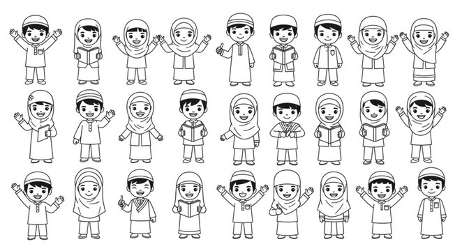 Collection of cartoon characters in traditional attire, line art.
