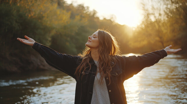 Serene moment featuring woman enjoying nature by river, arms outstretched, embracing sunlight and tranquility