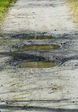 Three potholes filled with rainwater