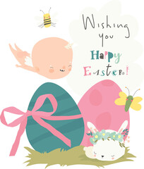 Fototapeta premium Card for Easter Day with Little Cartoon Angels and Ester Eggs. Vector Illustration