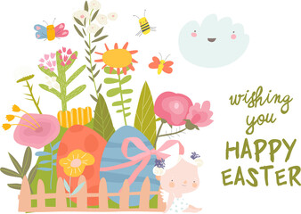 Fototapeta premium Card for Easter Day with Little Cartoon Angels and Ester Eggs. Vector Illustration