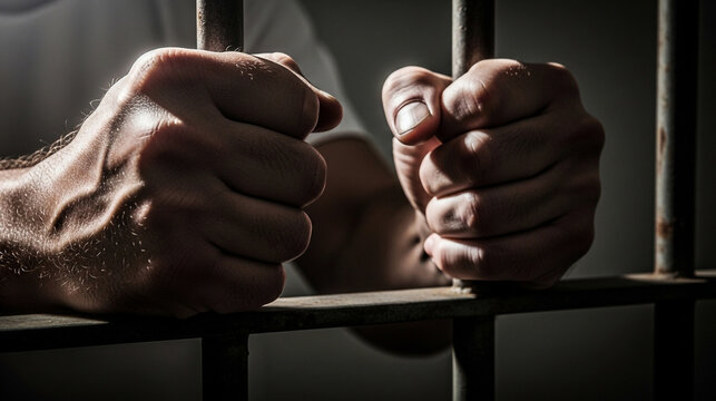 Close up of a prisoners hands gripping jail bars in a dark cell