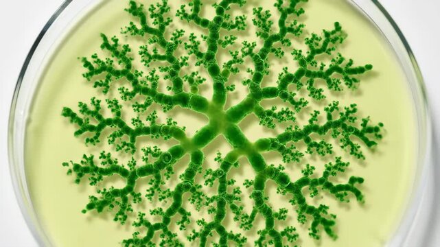Green culture growing on light yellow nutrient agar in petri dish