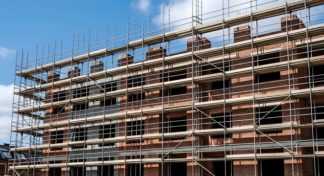 Multi-story brick building under construction with scaffolding