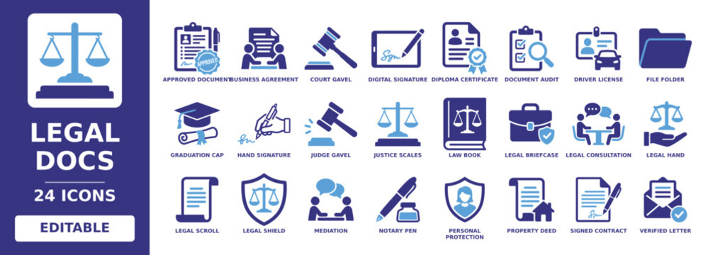 Set of Legal Docs icon featuring court gavel, justice scales, business agreement, signed contract, digital signature, legal consultation, and property deed icons.