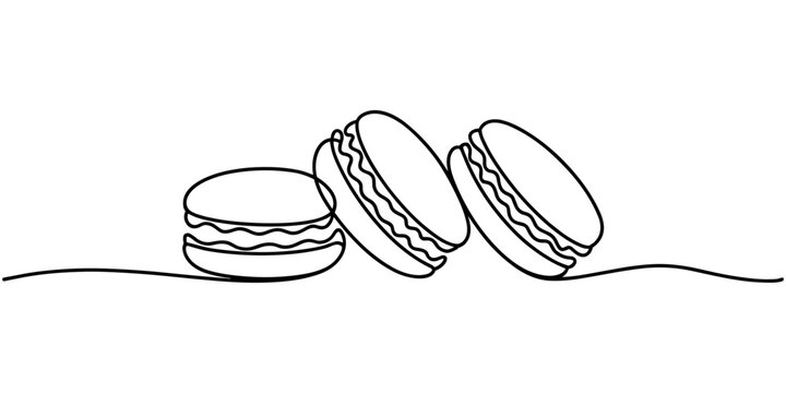 Macaron one line drawing, Macaroon continuous one line drawing. Sweet french macaroons, Continuous one line drawing of colorful French macaroons isolated on white background, Macaron cookie one