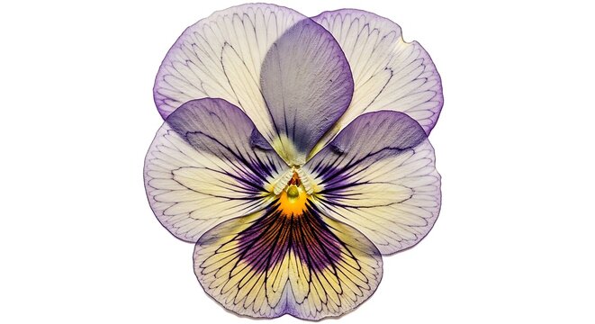 Closeup of a beautiful pansy flower with purple and yellow petals isolated on white background