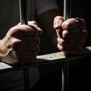 Close up of prisoner hands gripping jail bars in dark cell